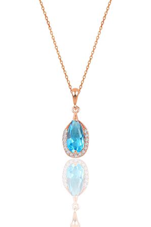 Gümüş rose akuamarin taşlı damla modeli kolye ve küpe ikili set