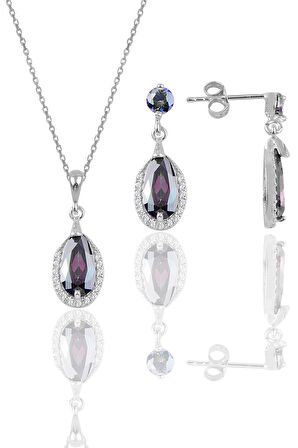 Gümüş rodyumlu mistik taşlı damla modeli kolye ve küpe ikili set