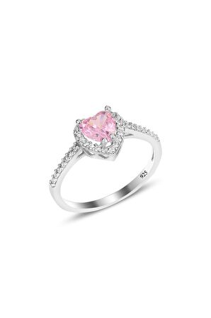 Gümüş rodyumlu pembe taşlı pırlanta montürlü Kalp modeli üçlü set