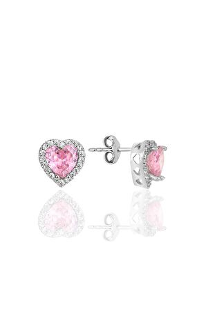 Gümüş rodyumlu pembe taşlı pırlanta montürlü Kalp modeli üçlü set