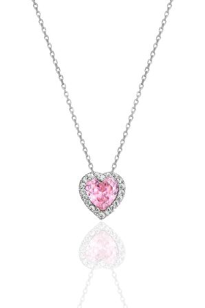 Gümüş rodyumlu pembe taşlı pırlanta montürlü Kalp modeli üçlü set