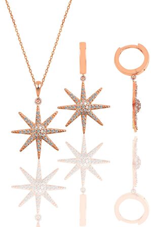 Gümüş rose zirkon taşlı güneş kolye ve küpe ikili set