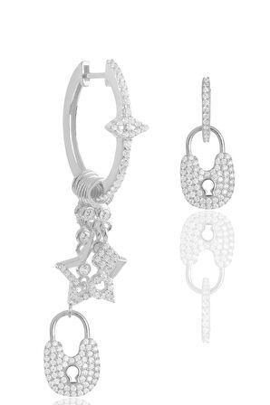 Gümüş rodyumlu zirkon taşlı kilit şans küpe