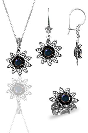 Gümüş safir taşlı nilüfer modeli telkari işlemeli kolye küpe ve yüzük üçlü set