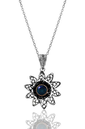 Gümüş safir taşlı nilüfer modeli telkari işlemeli kolye küpe ve yüzük üçlü set