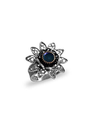 Gümüş safir taşlı nilüfer modeli telkari işlemeli kolye küpe ve yüzük üçlü set