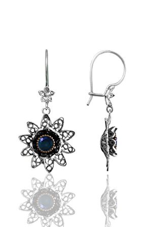 Gümüş safir taşlı nilüfer modeli telkari işlemeli kolye küpe ve yüzük üçlü set