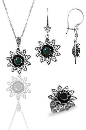 Gümüş kök zümrüt taşlı nilüfer modeli telkari işlemeli kolye küpe ve yüzük üçlü set