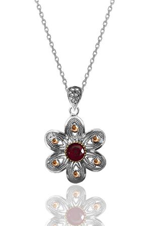 Gümüş kök yakut taşlı papatya modeli telkari işlemeli kolye küpe ve yüzük üçlü set