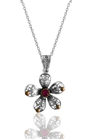 Gümüş kök yakut taşlı telkari işlemeli çiçek kolye 