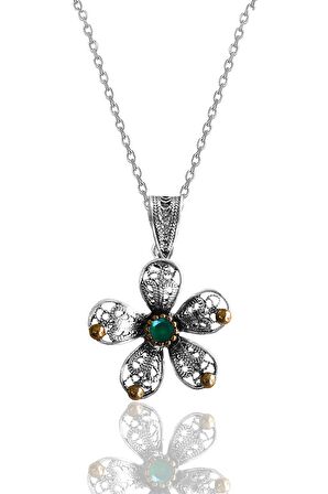 Gümüş kök zümrüt taşlı telkari işlemeli çiçek kolye 