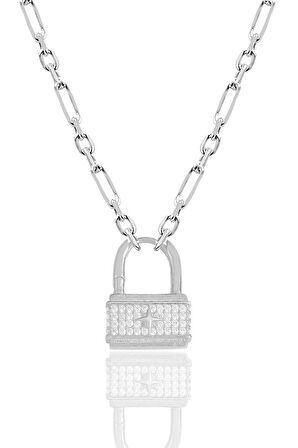 Gümüş rodyumlu zirkon taşlı figaro zincirli kilit kolye