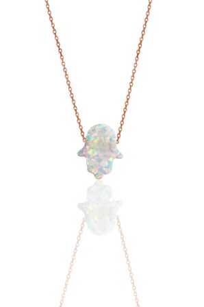 Gümüş rose fatma ana eli beyaz opal taşlı kolye 