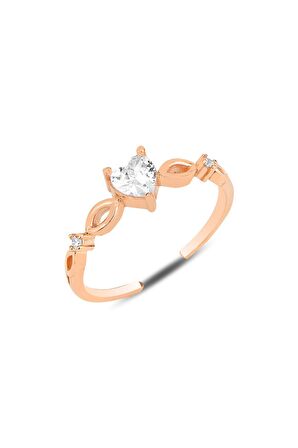 Gümüş rose zirkon taşlı tek taş kalp modeli ayarlamalı yüzük