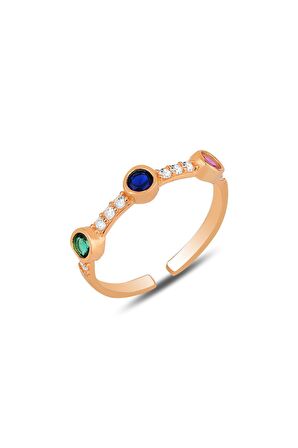 Gümüş rose kök yakut, kök zümrüt, safir ve zirkon taşlı ayarlamalı yüzük