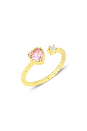 Gümüş altın yaldızlı pembe taşlı kalp modeli ayarlamalı yüzük