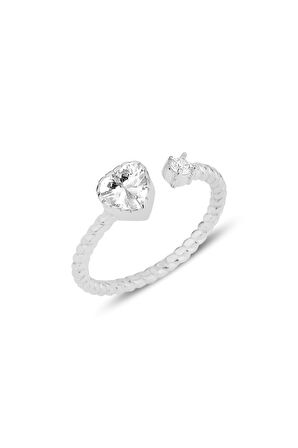 Gümüş rodyumlu zirkon taşlı kalp modeli ayarlamalı yüzük