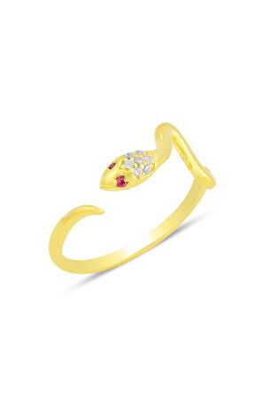 Gümüş altın yaldızlı zirkon taşlı üstten ayarlanabilir yılan yüzük SGTL12229GOLD