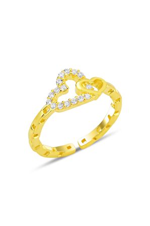 Gümüş altın yaldızlı zirkon taşlı alttan ayarlanabilir birbirine bağlı kalpler yüzük SGTL12236GOLD