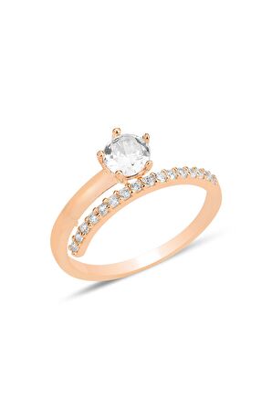 Gümüş rose zirkon tek taşlı üstten ayarlanabilir çift sıra görünümlü yüzük SGTL12246ROSE