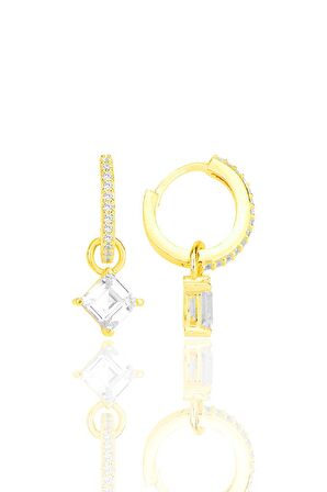 Gümüş altın yaldızlı baget kesim zirkon taşlı halka küpe SGTL12256GOLD