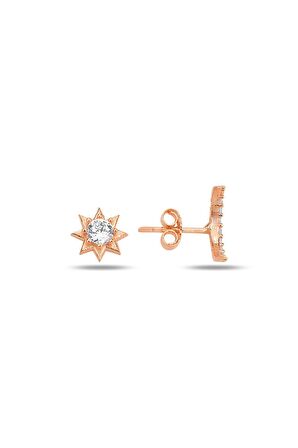 Gümüş rose zirkon taşlı ay ve güneş kombin küpe SGTL12257ROSE