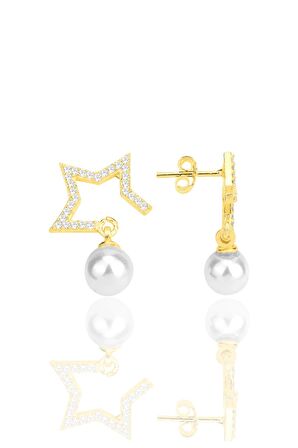 Gümüş altın yaldızlı zirkon taşlı,inci sallantılı yarım yıldız küpe SGTL12260GOLD