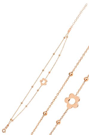 Gümüş rose top top çift zincirli çiçek bileklik SGTL12278ROSE