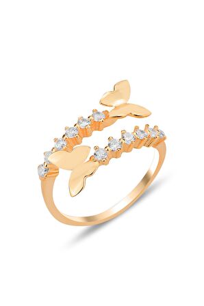Gümüş rose zirkon taşlı üstten ayarlanabilir uçuşan kelebekler yüzük SGTL12304ROSE