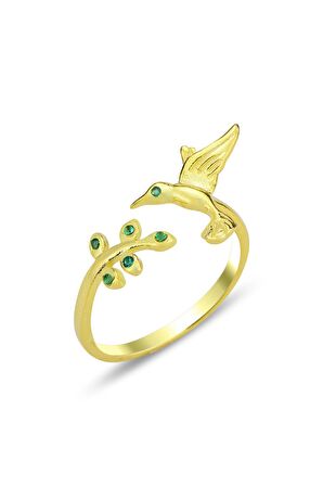 Gümüş altın yaldızlı yeşil taşlı üstten ayarlanabilir kırlangıç yüzük SGTL12305GOLD