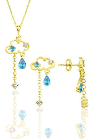 Gümüş altın yaldızlı akuamarin ve zirkon taşlı bulut kolye ve küpe ikili set SGTL12352GOLD