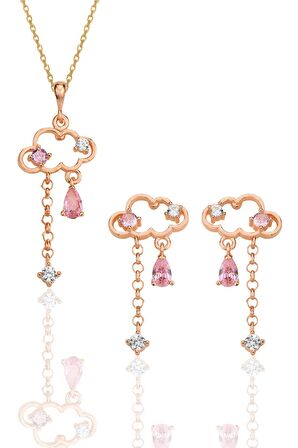Gümüş rose pembe zirkon taşlı bulut kolye ve küpe ikili set SGTL12353ROSE