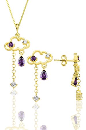 Gümüş altın yaldızlı ametis ve zirkon taşlı bulut kolye ve küpe ikili set SGTL12354GOLD