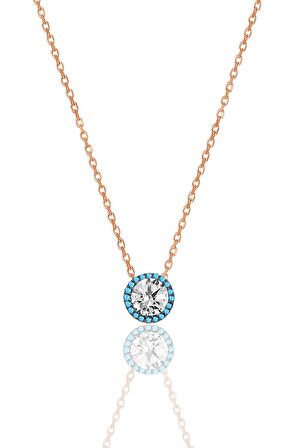 Gümüş rose nano turkuaz ve zirkon taşlı pırlanta montür kolye SGTL12382ROSE