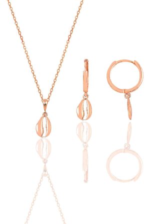 Gümüş rose deniz kabuğu modeli minimal kolye ve küpe seti SGTL12392KABUK