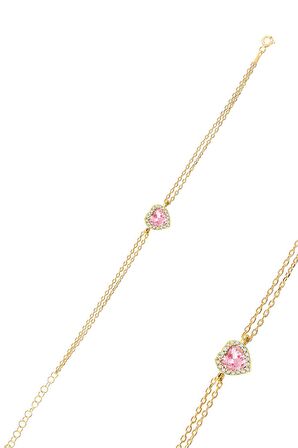 Gümüş Altın Yaldızlı Pırlanta Modeli Pembe Zirkon Taşlı Kalp Bileklik SGTL12396GOLD