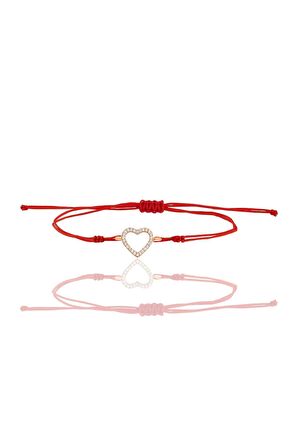 Gümüş rose zirkon taşlı kırmızı ipli kalp bileklik SGTL12411ROSE
