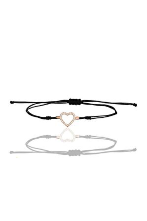 Gümüş rose zirkon taşlı siyah ipli kalp bileklik SGTL12412ROSE
