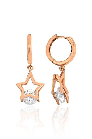 Gümüş rose özel tasarım zirkon tek taşlı yıldız küpe SGTL12418ROSE