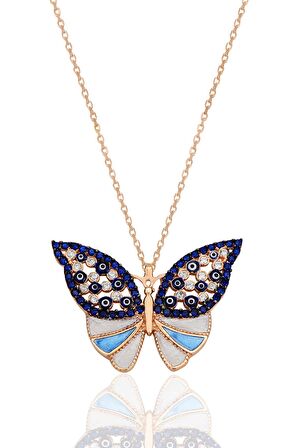 Gümüş rose zirkon ve safir taşlı nazar mineli kelebek kolye SGTL12423ROSE