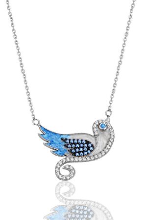 Gümüş rodyumlu zirkon taşlı mavi mineli anka kuşu kolye SGTL12426RODAJ