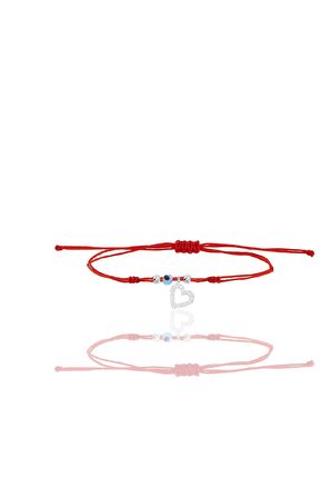 Gümüş rodyumlu zirkon taşlı nazarlı içi boş kalp ipli şans bileklik SGTL12448RODAJ