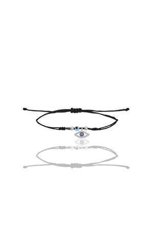 Gümüş rodyumlu zirkon taşlı nazarlı mekik göz siyah ipli şans bileklik SGTL12453RODAJ