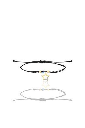 Gümüş altın yaldızlı zirkon taşlı nazarlı yıldız siyah ipli şans bileklik SGTL12457GOLD