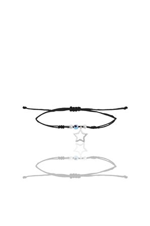 Gümüş rodyumlu zirkon taşlı nazarlı yıldız siyah ipli şans bileklik SGTL12457RODAJ