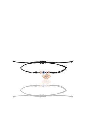 Gümüş rose zirkon taşlı nazarlı kirpikli göz siyah ipli şans bileklik SGTL12460ROSE