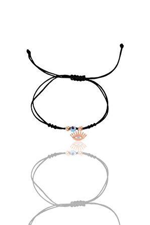 Gümüş rose zirkon taşlı nazarlı kirpikli göz siyah ipli şans bileklik SGTL12460ROSE