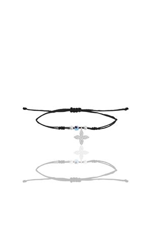 Gümüş rodyumlu zirkon taşlı nazarlı dört yapraklı yonca siyah ipli şans bileklik SGTL12467RODAJ