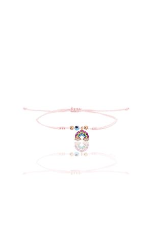 Gümüş rose zirkon taşlı nazarlı gök kuşağı  pembe ipli şans bileklik SGTL12475ROSE