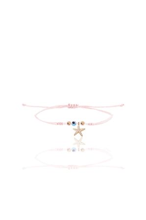 Gümüş rose zirkon taşlı nazarlı deniz yıldızı  pembe ipli şans bileklik SGTL12476ROSE